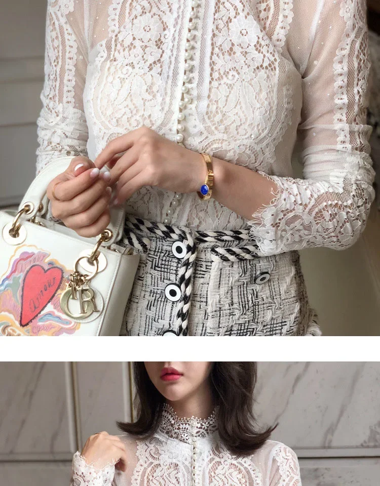 Blusas Mujer De Moda Slim Women Shirt Elegant Pearl Blouse Lady Long Sleeve Turtleneck Lace Shirts Autumn Korean Sexy Hollow Top