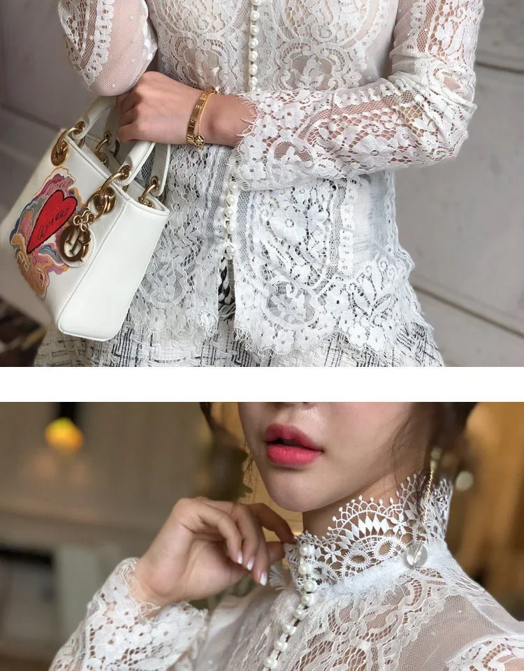 Blusas Mujer De Moda Slim Women Shirt Elegant Pearl Blouse Lady Long Sleeve Turtleneck Lace Shirts Autumn Korean Sexy Hollow Top
