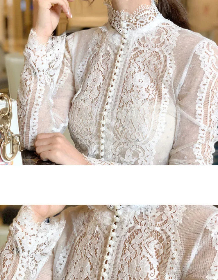 Blusas Mujer De Moda Slim Women Shirt Elegant Pearl Blouse Lady Long Sleeve Turtleneck Lace Shirts Autumn Korean Sexy Hollow Top