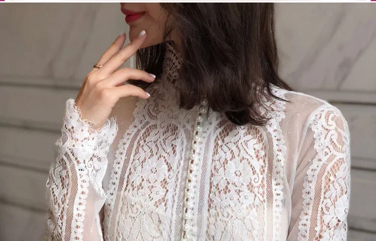 Blusas Mujer De Moda Slim Women Shirt Elegant Pearl Blouse Lady Long Sleeve Turtleneck Lace Shirts Autumn Korean Sexy Hollow Top