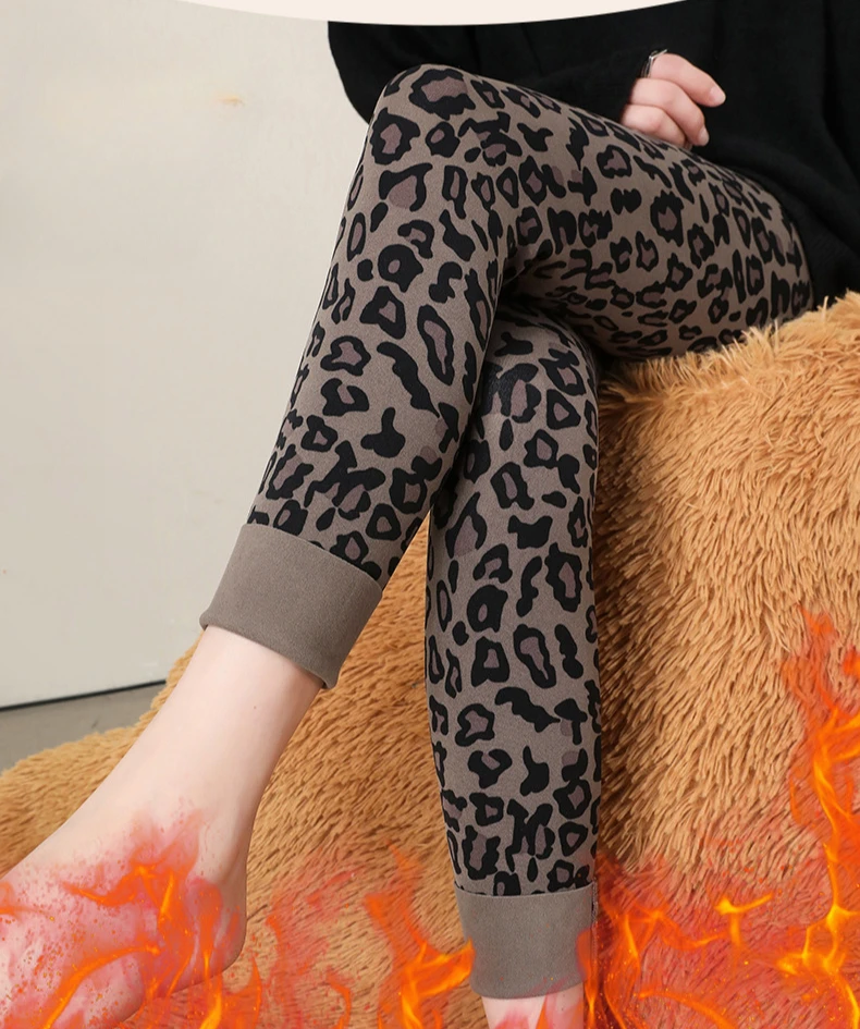 Autumn Winter Leopard Print Leggings Women's Velvet Pants Ankle Length High Waist Slim Elastic Warm Yoga Sport Leggings Women