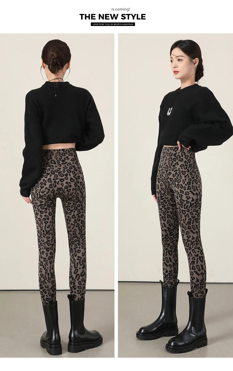 Autumn Winter Leopard Print Leggings Women's Velvet Pants Ankle Length High Waist Slim Elastic Warm Yoga Sport Leggings Women