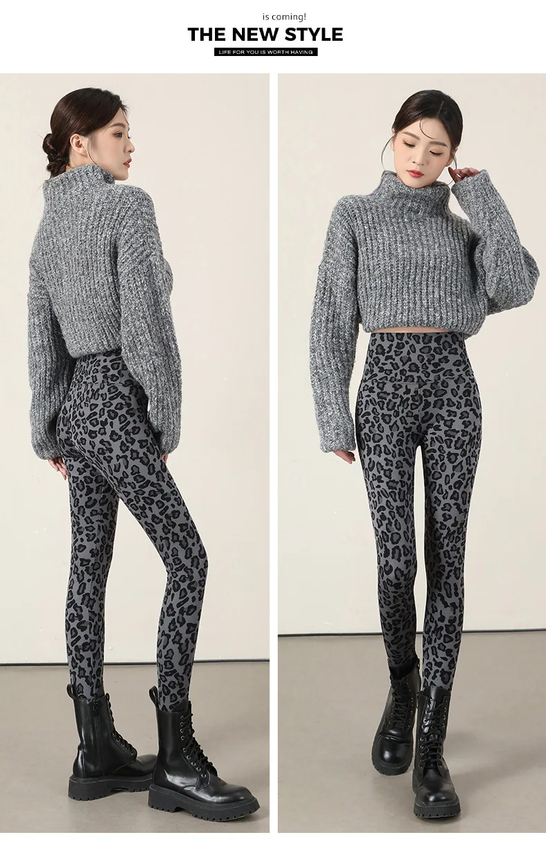 Autumn Winter Leopard Print Leggings Women's Velvet Pants Ankle Length High Waist Slim Elastic Warm Yoga Sport Leggings Women