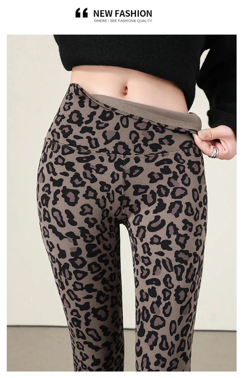 Autumn Winter Leopard Print Leggings Women's Velvet Pants Ankle Length High Waist Slim Elastic Warm Yoga Sport Leggings Women