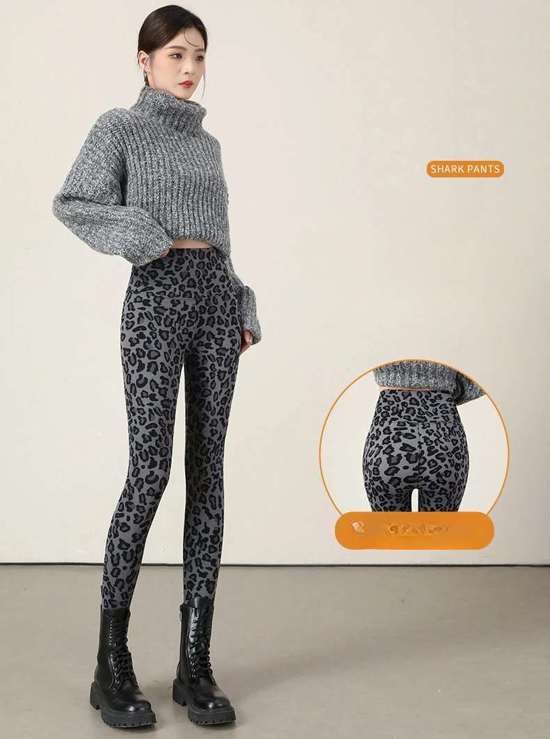 Autumn Winter Leopard Print Leggings Women's Velvet Pants Ankle Length High Waist Slim Elastic Warm Yoga Sport Leggings Women