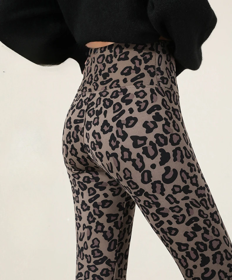 Autumn Winter Leopard Print Leggings Women's Velvet Pants Ankle Length High Waist Slim Elastic Warm Yoga Sport Leggings Women