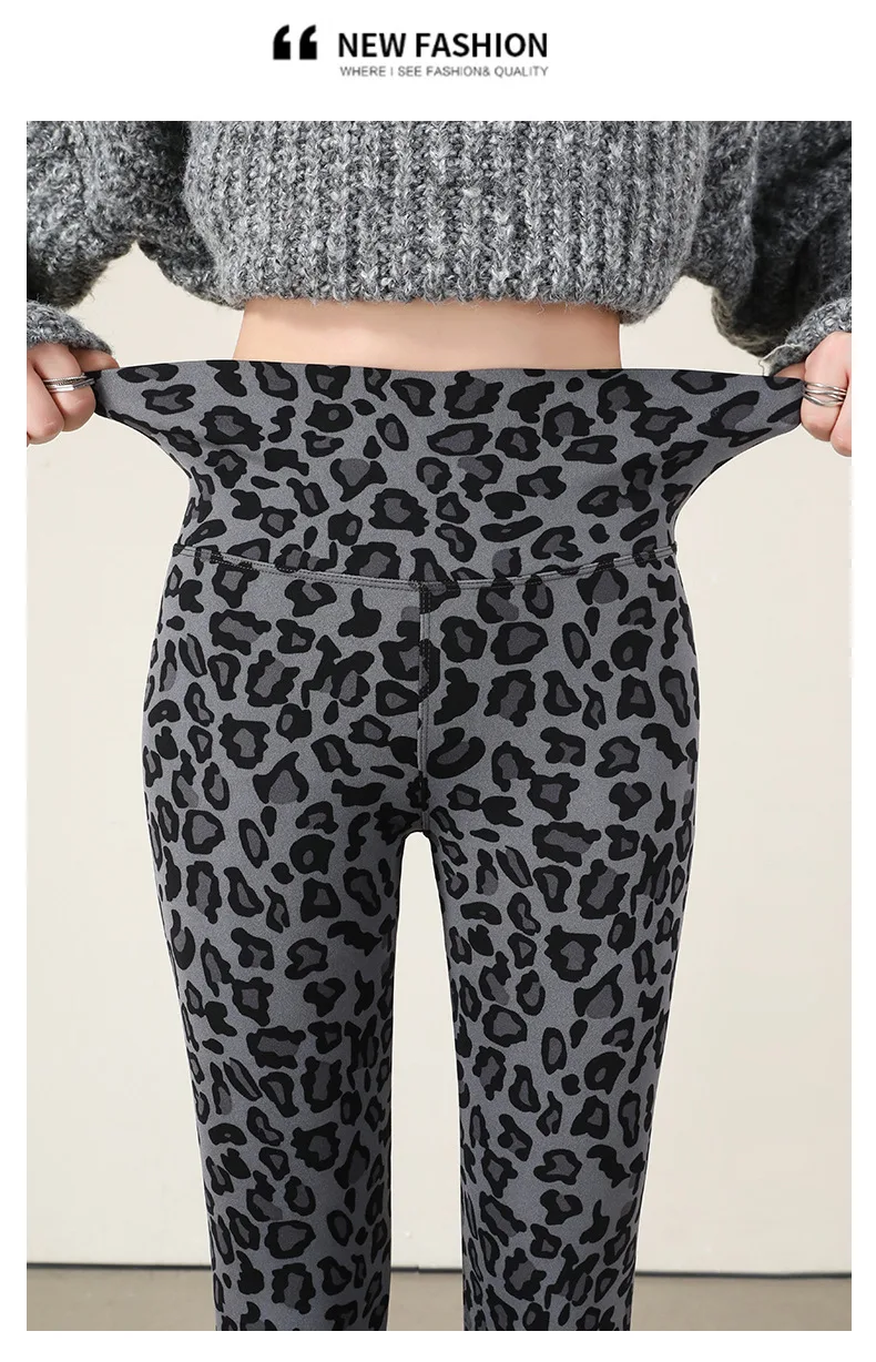 Autumn Winter Leopard Print Leggings Women's Velvet Pants Ankle Length High Waist Slim Elastic Warm Yoga Sport Leggings Women