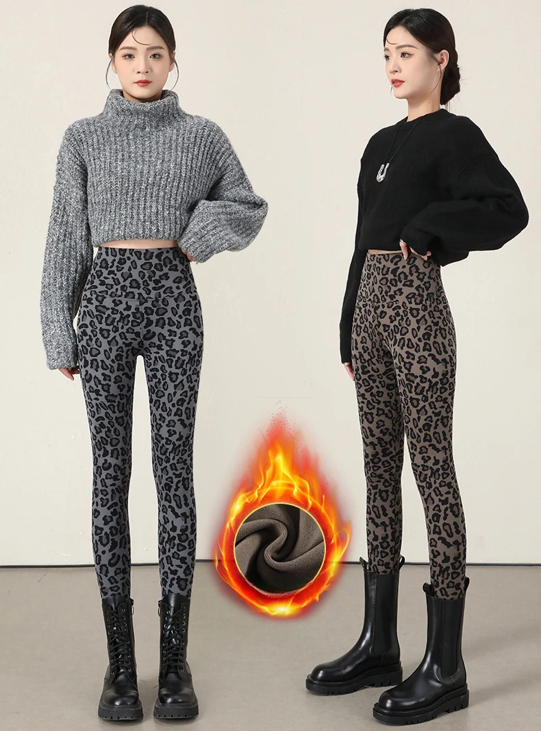 Autumn Winter Leopard Print Leggings Women's Velvet Pants Ankle Length High Waist Slim Elastic Warm Yoga Sport Leggings Women