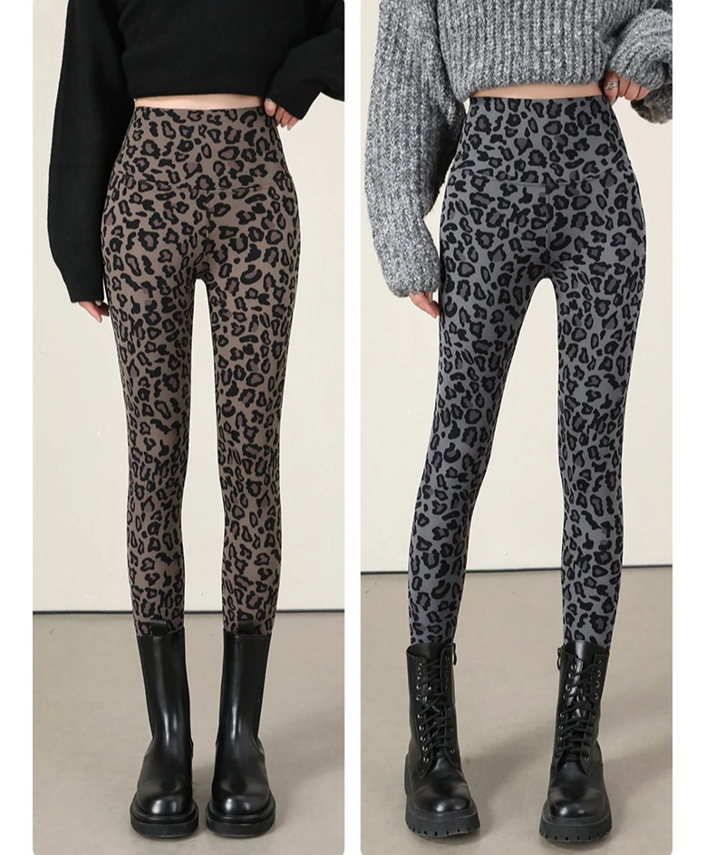 Autumn Winter Leopard Print Leggings Women's Velvet Pants Ankle Length High Waist Slim Elastic Warm Yoga Sport Leggings Women