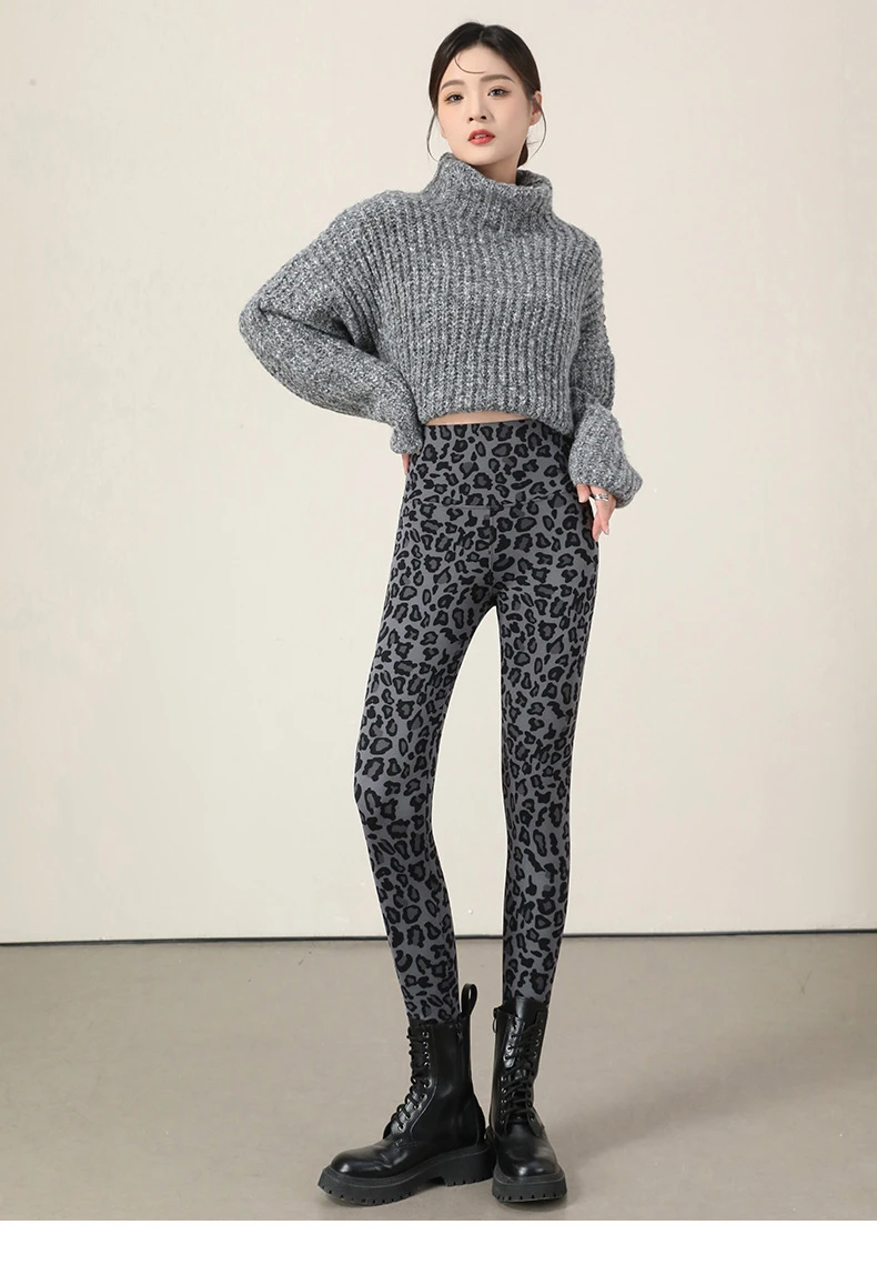 Autumn Winter Leopard Print Leggings Women's Velvet Pants Ankle Length High Waist Slim Elastic Warm Yoga Sport Leggings Women