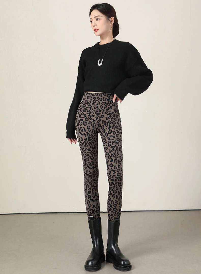 Autumn Winter Leopard Print Leggings Women's Velvet Pants Ankle Length High Waist Slim Elastic Warm Yoga Sport Leggings Women