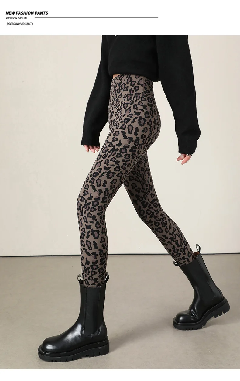 Autumn Winter Leopard Print Leggings Women's Velvet Pants Ankle Length High Waist Slim Elastic Warm Yoga Sport Leggings Women