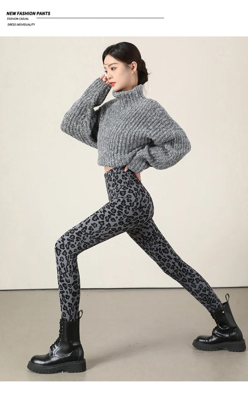 Autumn Winter Leopard Print Leggings Women's Velvet Pants Ankle Length High Waist Slim Elastic Warm Yoga Sport Leggings Women