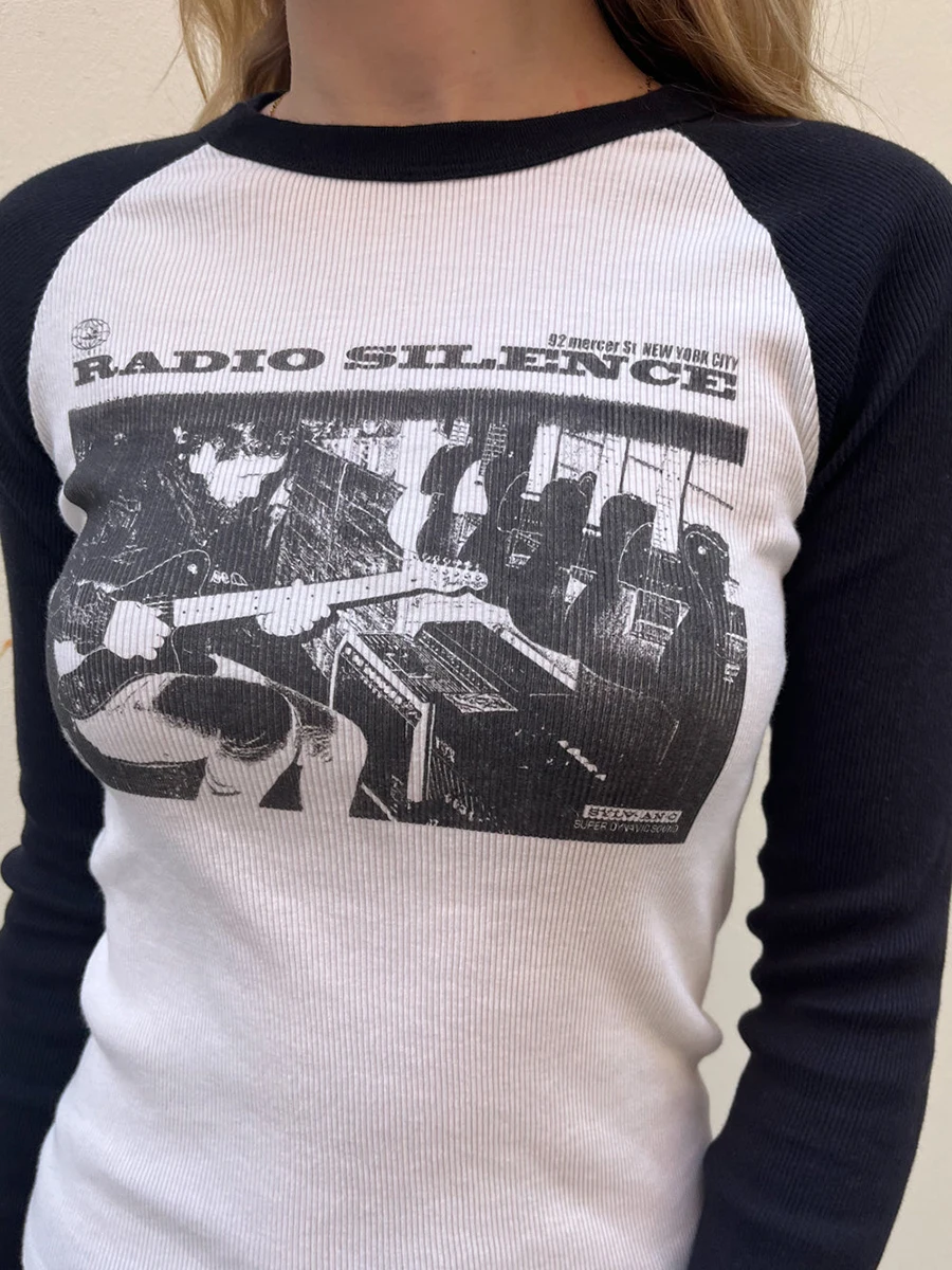 Rock Guitarist Graphic Long Sleeve T-shirts Women Spring New Print Cotton Ribbed T Shirt Femme Vintage Streetwear Slim Y2k Tops