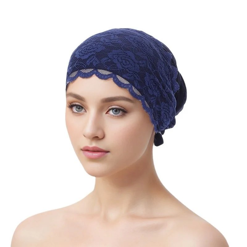 Fashion Women Tie Straps Lace Turban Hat Muslim Under Scarf Hijab Cap Islamic Female Head Wraps Lady Hair Loss Beanie Bonnet