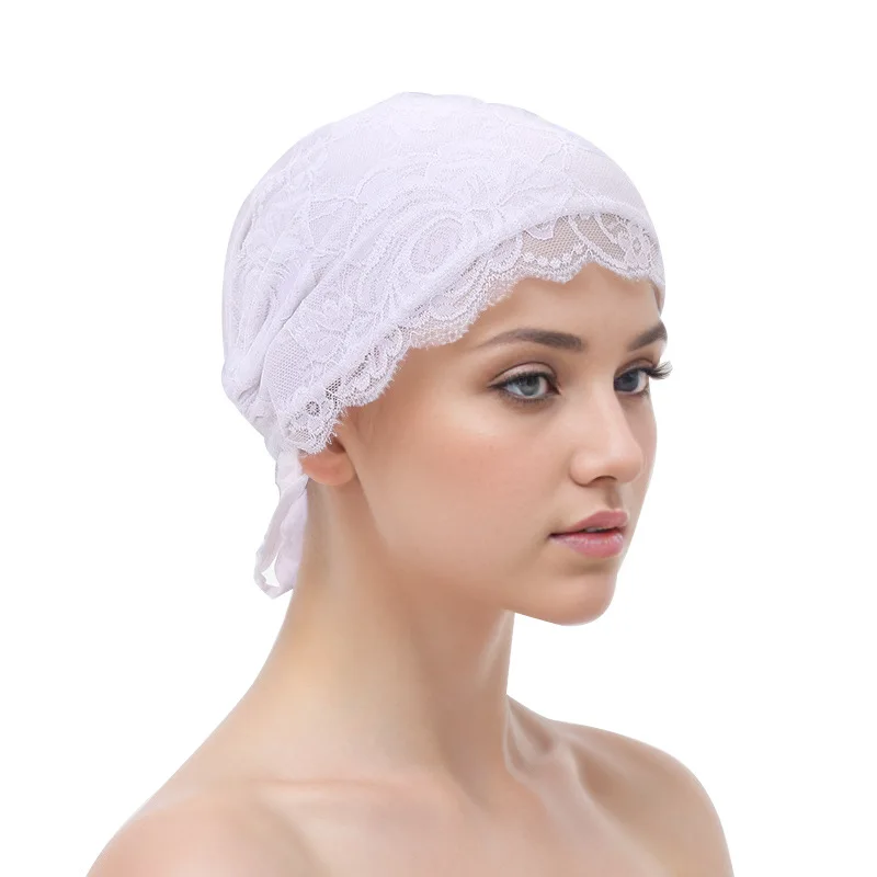 Fashion Women Tie Straps Lace Turban Hat Muslim Under Scarf Hijab Cap Islamic Female Head Wraps Lady Hair Loss Beanie Bonnet
