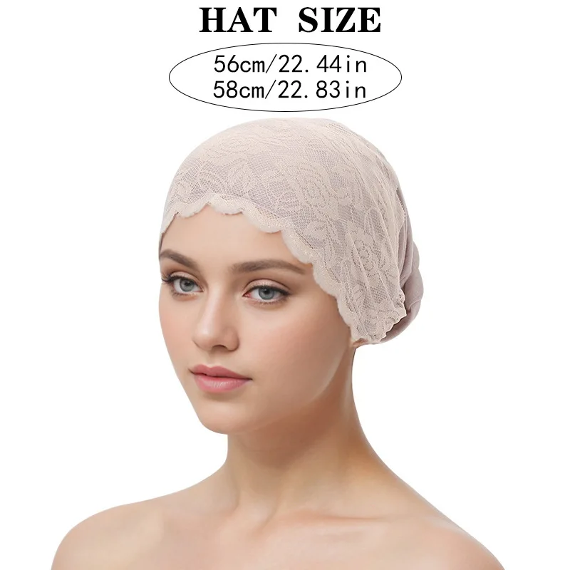 Fashion Women Tie Straps Lace Turban Hat Muslim Under Scarf Hijab Cap Islamic Female Head Wraps Lady Hair Loss Beanie Bonnet