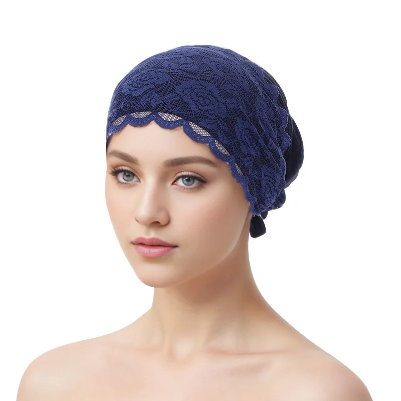 Fashion Women Tie Straps Lace Turban Hat Muslim Under Scarf Hijab Cap Islamic Female Head Wraps Lady Hair Loss Beanie Bonnet