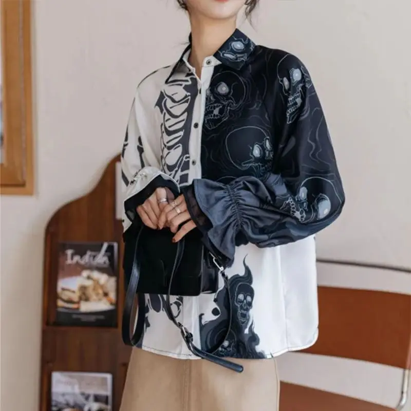 Y2K stylish blouses skull printing shirts lantern Sleeve with lace decor shirts blouses casual loose streetwears Blusas Mujer