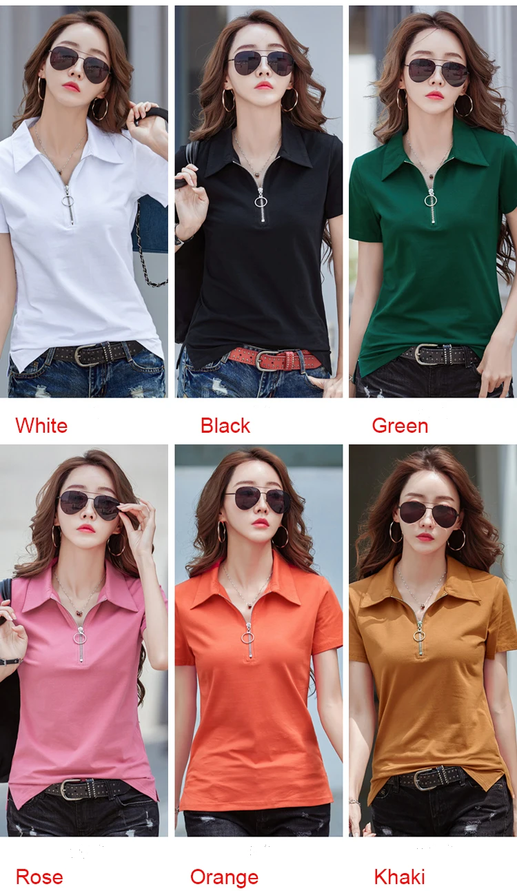 New 2024 Summer Women T Shirt Cotton Elegant Style Zipper Neck Fashion Office Lady Top Short Sleeve Polo For Women