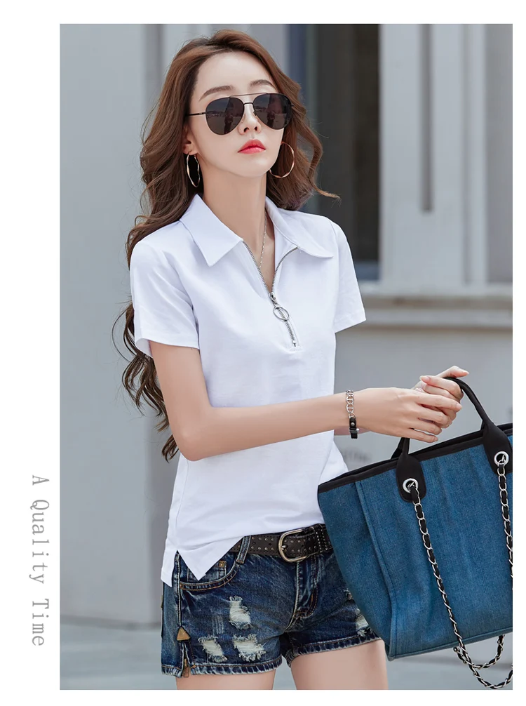 New 2024 Summer Women T Shirt Cotton Elegant Style Zipper Neck Fashion Office Lady Top Short Sleeve Polo For Women