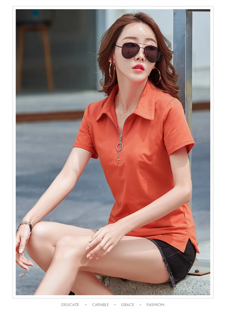 New 2024 Summer Women T Shirt Cotton Elegant Style Zipper Neck Fashion Office Lady Top Short Sleeve Polo For Women