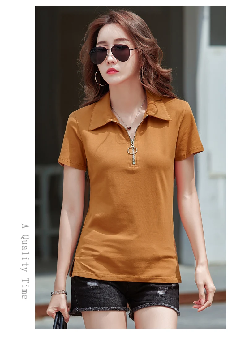 New 2024 Summer Women T Shirt Cotton Elegant Style Zipper Neck Fashion Office Lady Top Short Sleeve Polo For Women