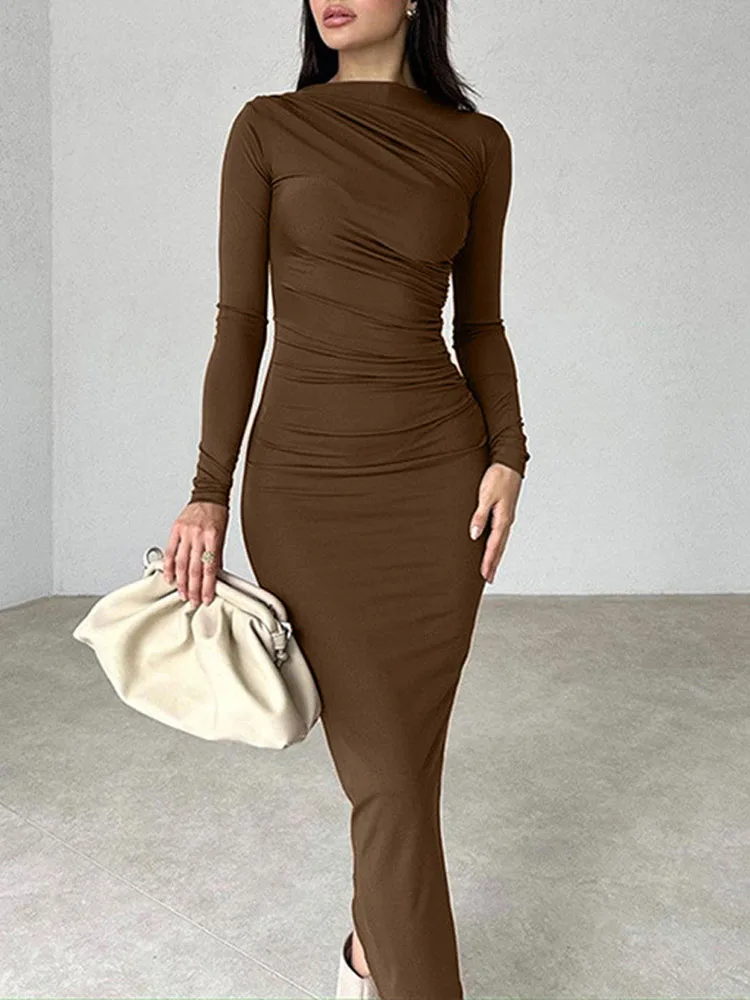 Women Elegant Solid Black Bodycon Maxi Dress Long Sleeve Lady O-neck Evening Party Vestidos Robe