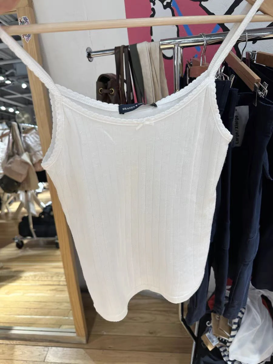 Lace Trim Eyelet White Slim Tank Tops for Women Summer Bow Sleeveless Cotton Camisole Vintage Sweet Cute Preppy Style Basic Tops