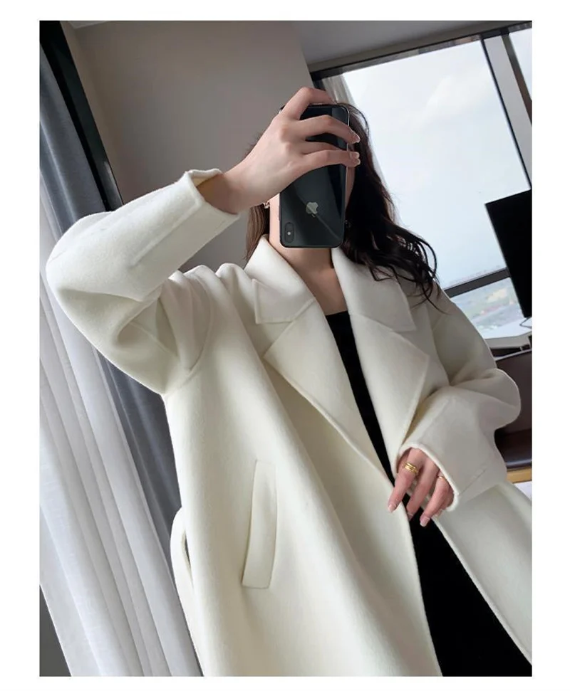 White Woolen Coat Women Autumn And Winter High-End Fashion Temperament Long Thick Blended Wool Windbreaker Female Jacket Belt 99