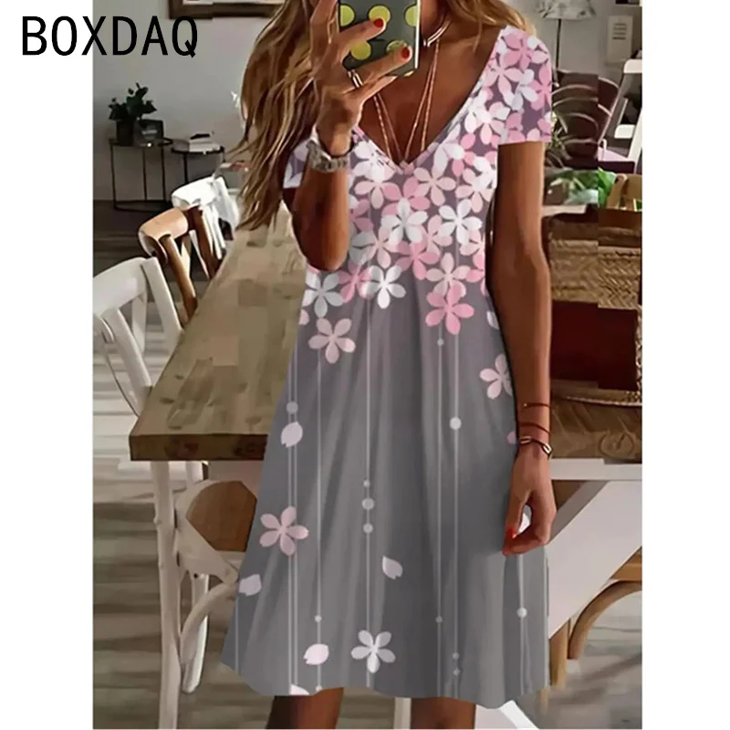 2025 New Sundress Women Summer Short Sleeve V-Neck Casual A-Line Knee-High Dress Vintage 3D Floral Boho Beach Dress Vestidos
