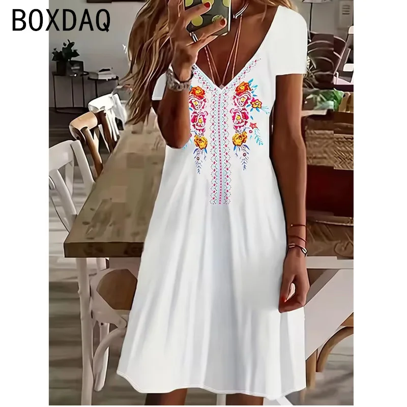 2025 New Sundress Women Summer Short Sleeve V-Neck Casual A-Line Knee-High Dress Vintage 3D Floral Boho Beach Dress Vestidos