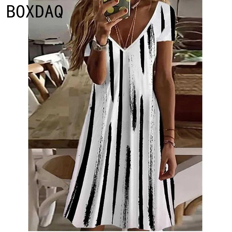 2025 New Sundress Women Summer Short Sleeve V-Neck Casual A-Line Knee-High Dress Vintage 3D Floral Boho Beach Dress Vestidos