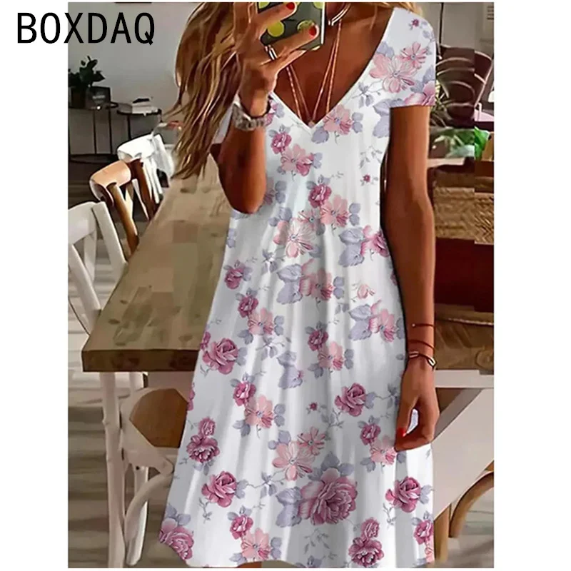 2025 New Sundress Women Summer Short Sleeve V-Neck Casual A-Line Knee-High Dress Vintage 3D Floral Boho Beach Dress Vestidos