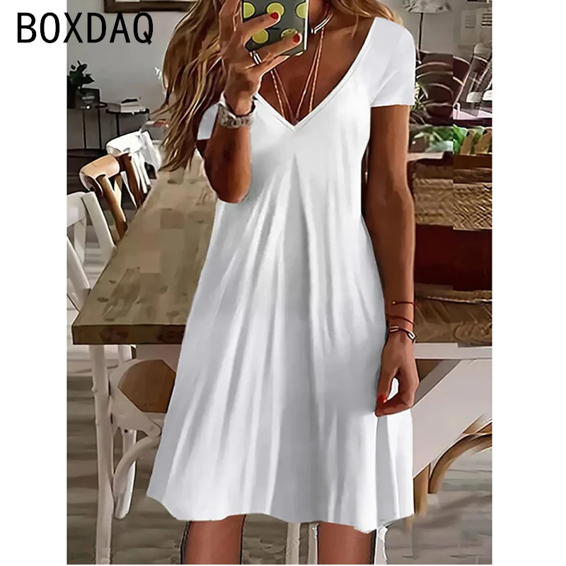 2025 New Sundress Women Summer Short Sleeve V-Neck Casual A-Line Knee-High Dress Vintage 3D Floral Boho Beach Dress Vestidos