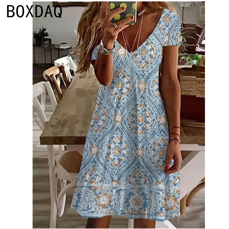2025 New Sundress Women Summer Short Sleeve V-Neck Casual A-Line Knee-High Dress Vintage 3D Floral Boho Beach Dress Vestidos