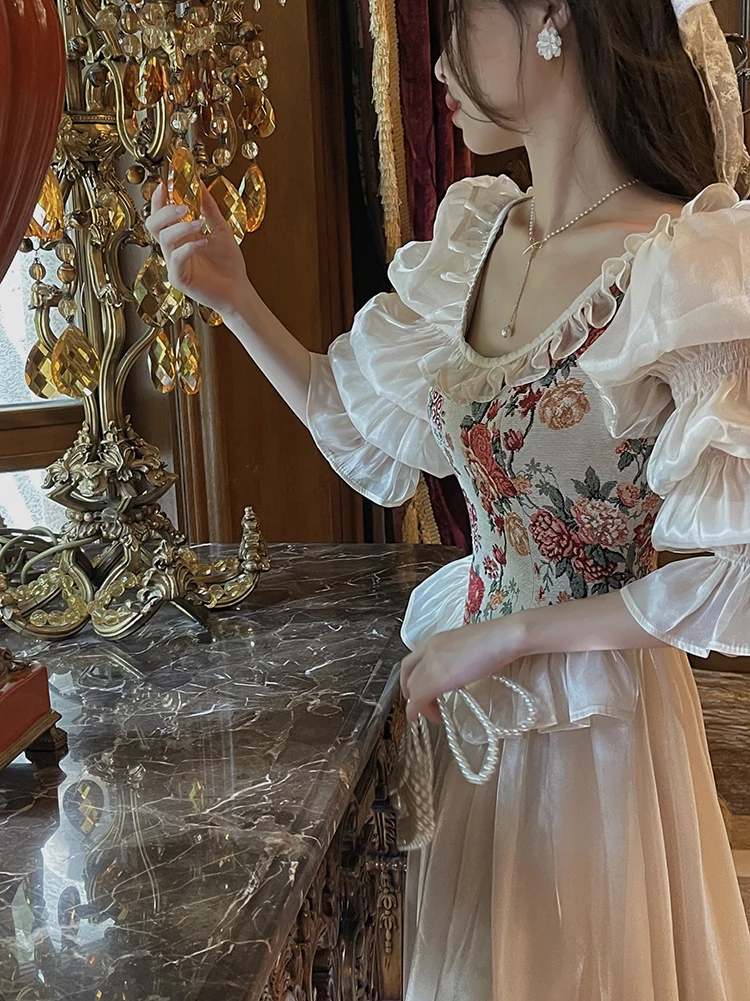 MEXZT Vintage Floral Midi Dress Women Elegant Party Prom Luxury Print Dresses Summer Korean Fairy Puff Sleeve Bodycon Vestidos
