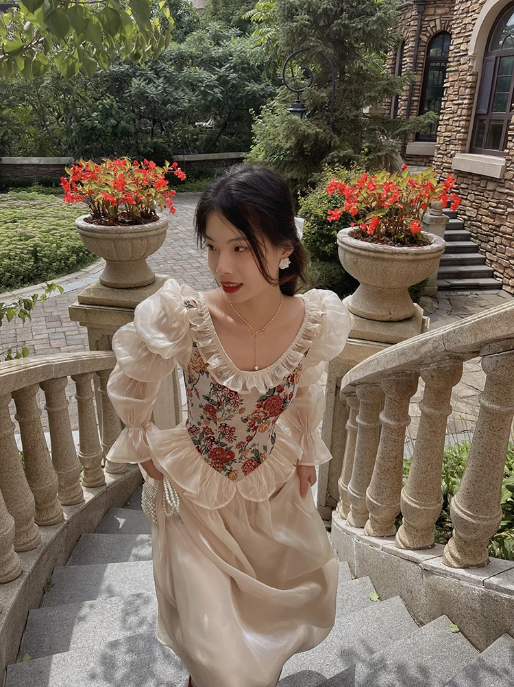 MEXZT Vintage Floral Midi Dress Women Elegant Party Prom Luxury Print Dresses Summer Korean Fairy Puff Sleeve Bodycon Vestidos