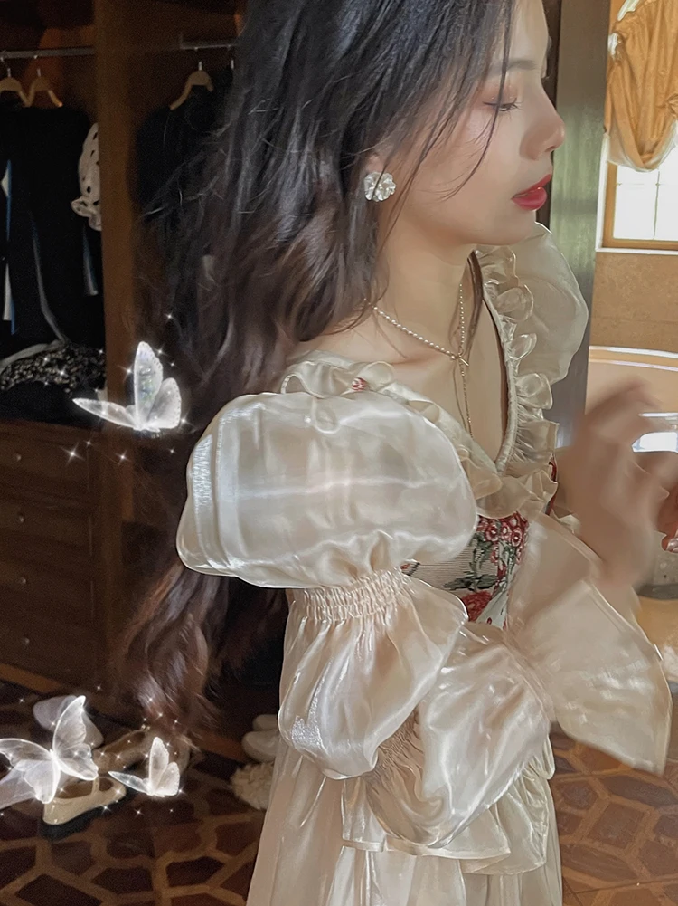 MEXZT Vintage Floral Midi Dress Women Elegant Party Prom Luxury Print Dresses Summer Korean Fairy Puff Sleeve Bodycon Vestidos