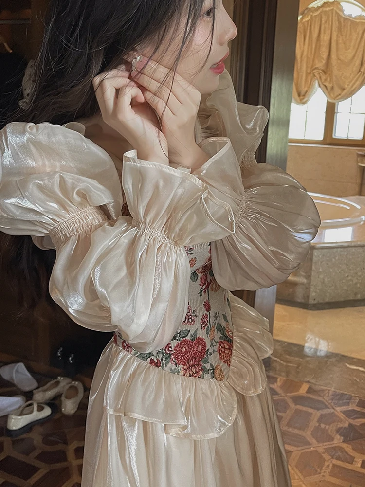 MEXZT Vintage Floral Midi Dress Women Elegant Party Prom Luxury Print Dresses Summer Korean Fairy Puff Sleeve Bodycon Vestidos