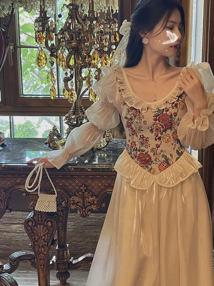 MEXZT Vintage Floral Midi Dress Women Elegant Party Prom Luxury Print Dresses Summer Korean Fairy Puff Sleeve Bodycon Vestidos