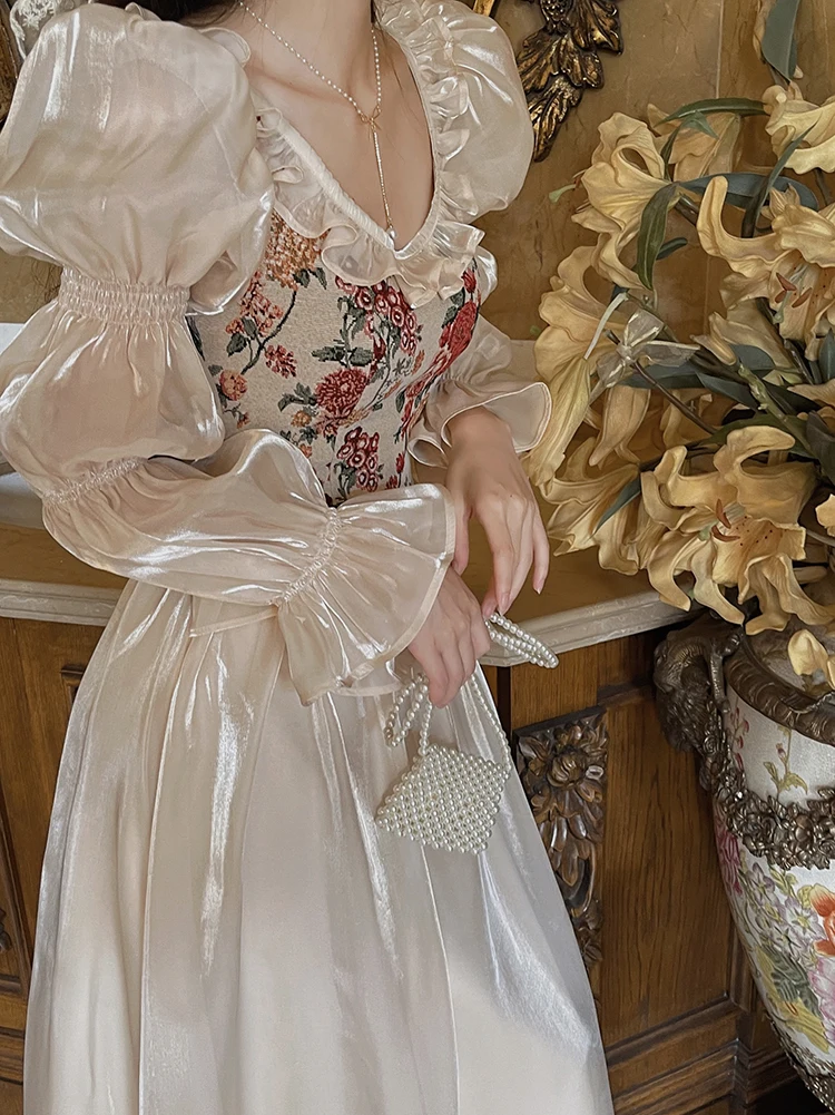 MEXZT Vintage Floral Midi Dress Women Elegant Party Prom Luxury Print Dresses Summer Korean Fairy Puff Sleeve Bodycon Vestidos