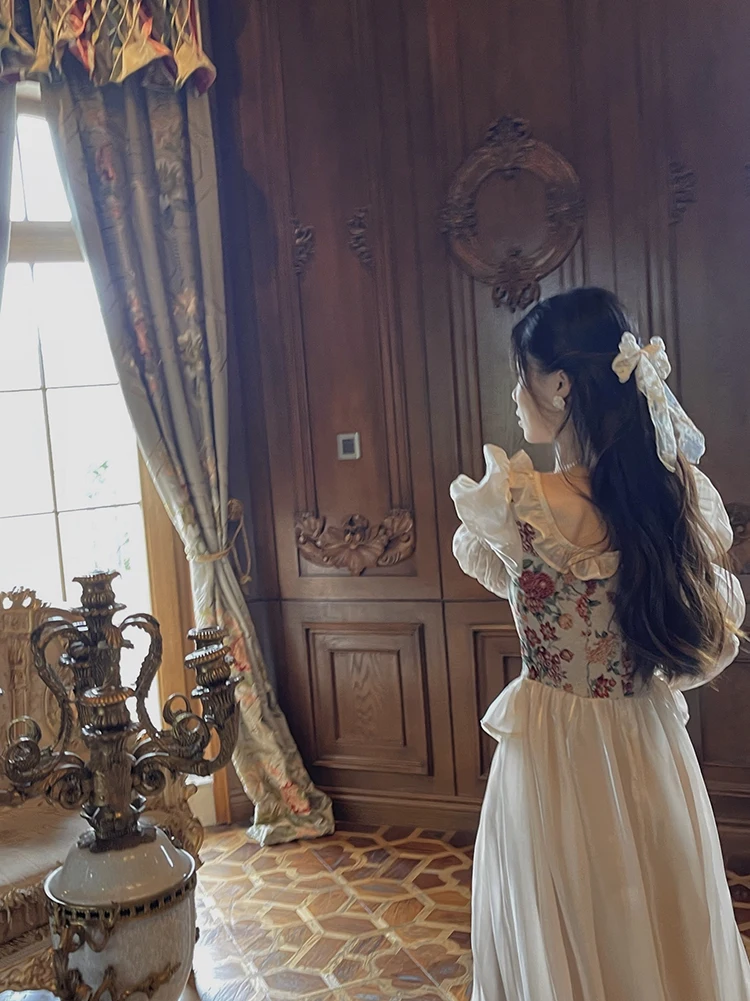 MEXZT Vintage Floral Midi Dress Women Elegant Party Prom Luxury Print Dresses Summer Korean Fairy Puff Sleeve Bodycon Vestidos