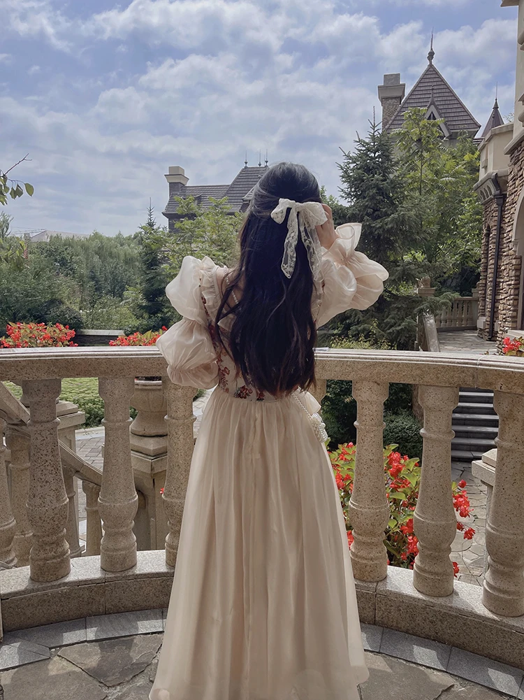 MEXZT Vintage Floral Midi Dress Women Elegant Party Prom Luxury Print Dresses Summer Korean Fairy Puff Sleeve Bodycon Vestidos