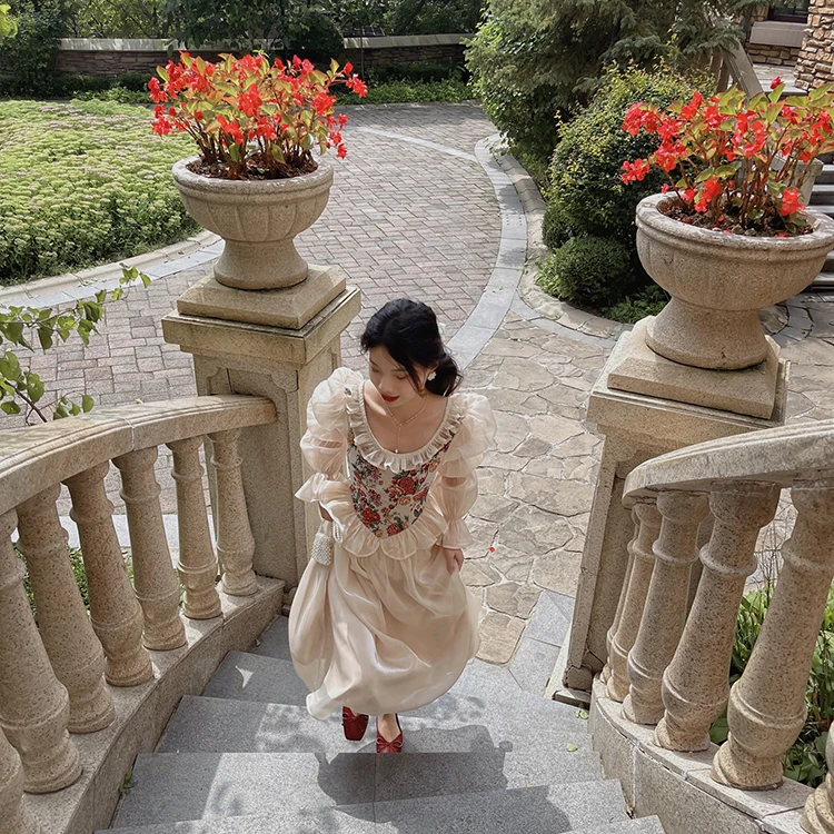 MEXZT Vintage Floral Midi Dress Women Elegant Party Prom Luxury Print Dresses Summer Korean Fairy Puff Sleeve Bodycon Vestidos