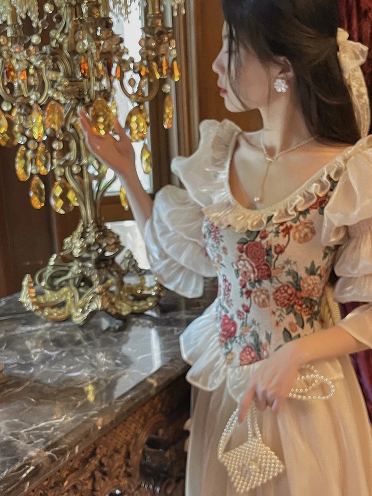 MEXZT Vintage Floral Midi Dress Women Elegant Party Prom Luxury Print Dresses Summer Korean Fairy Puff Sleeve Bodycon Vestidos