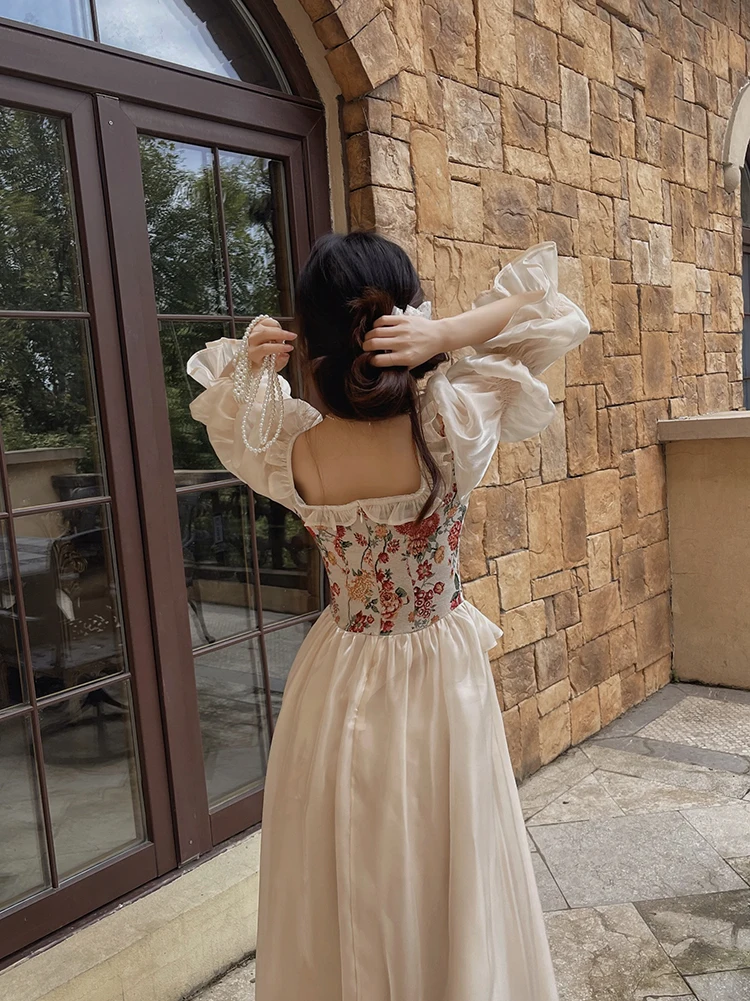MEXZT Vintage Floral Midi Dress Women Elegant Party Prom Luxury Print Dresses Summer Korean Fairy Puff Sleeve Bodycon Vestidos