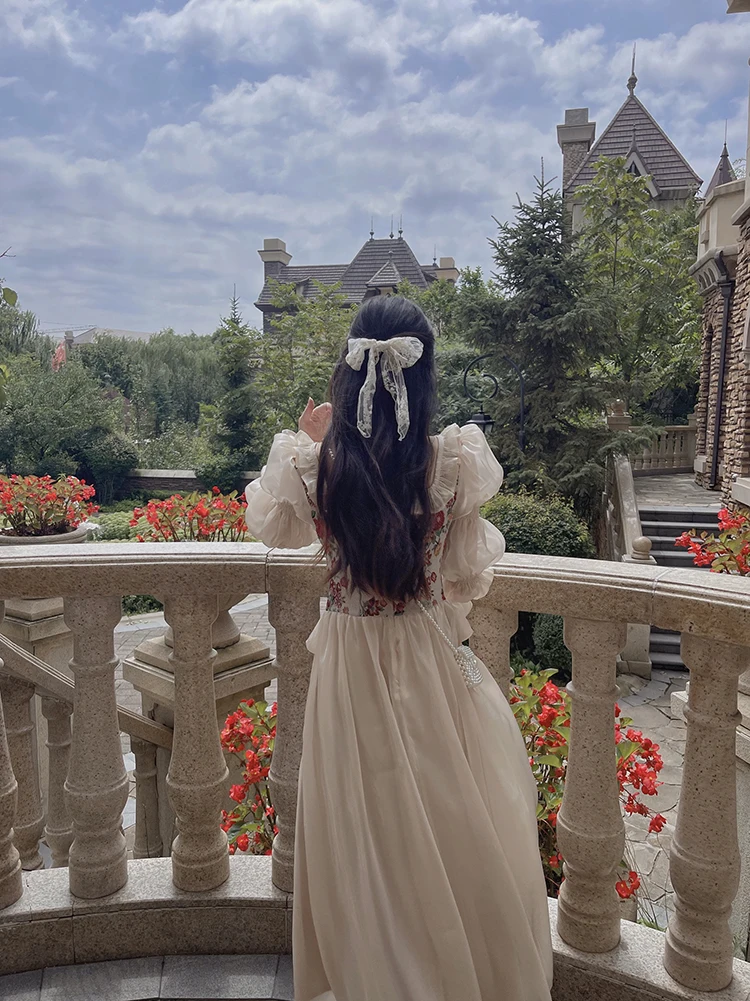 MEXZT Vintage Floral Midi Dress Women Elegant Party Prom Luxury Print Dresses Summer Korean Fairy Puff Sleeve Bodycon Vestidos