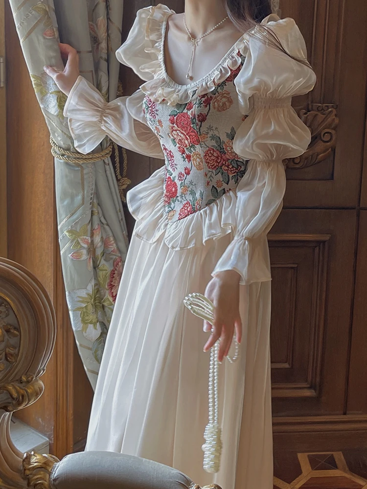 MEXZT Vintage Floral Midi Dress Women Elegant Party Prom Luxury Print Dresses Summer Korean Fairy Puff Sleeve Bodycon Vestidos
