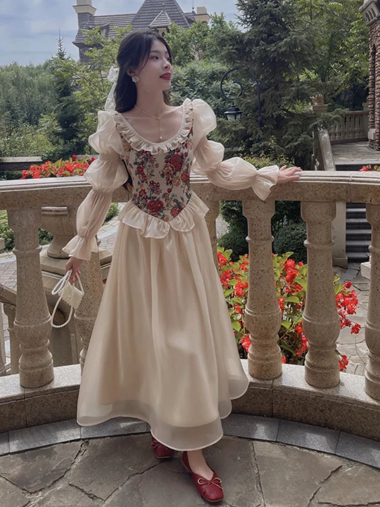MEXZT Vintage Floral Midi Dress Women Elegant Party Prom Luxury Print Dresses Summer Korean Fairy Puff Sleeve Bodycon Vestidos